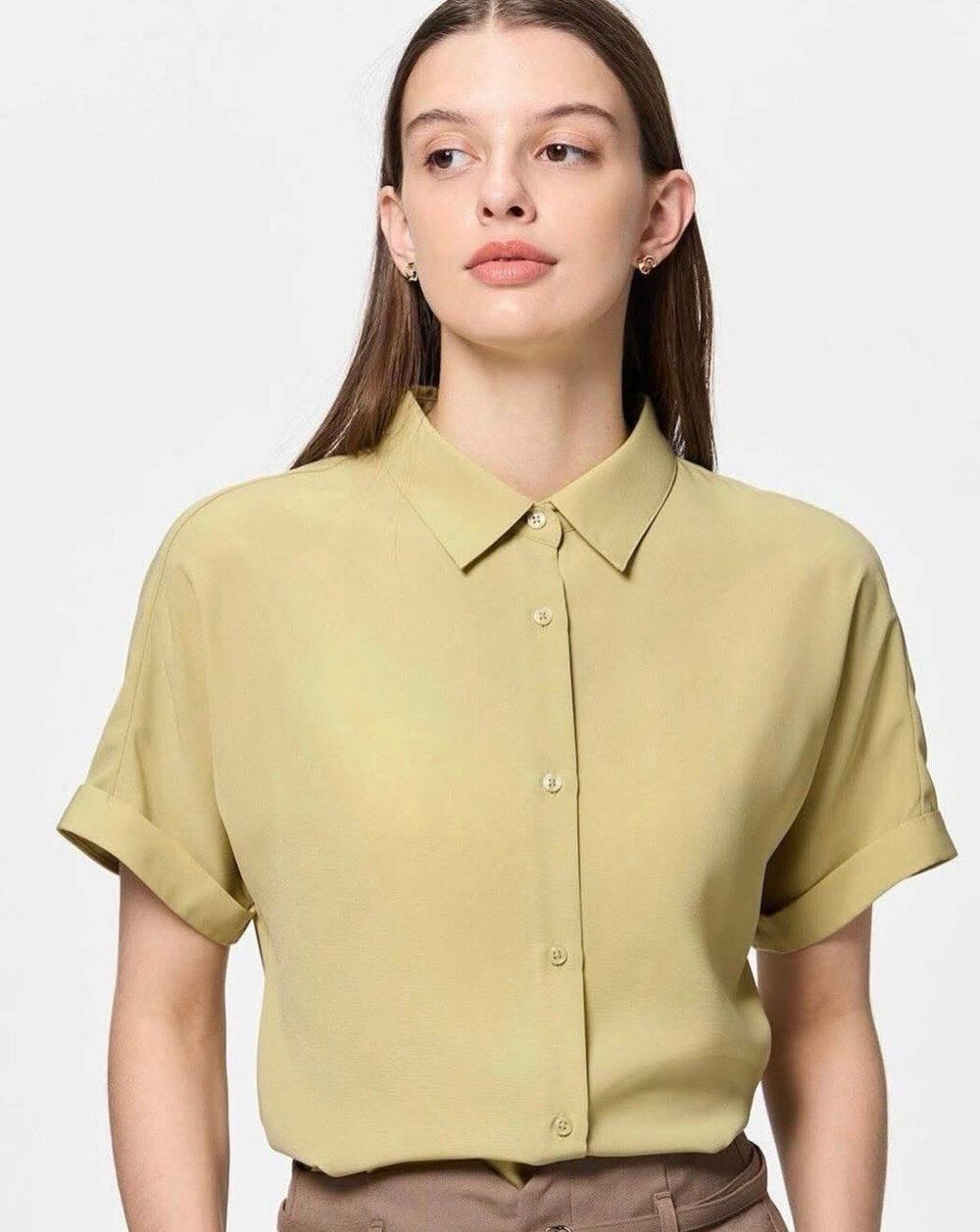 NWT GU Women's Draped Mustard Yellow Button Down Collar Shirt M